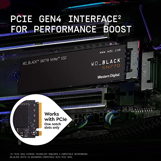 Western Digital Black 250GB/500GB/1TB SN770 NVMe Internal Gaming SSD Solid State Drive - Gen4 PCIe, M.2 2280, (WDS250G3X0E)