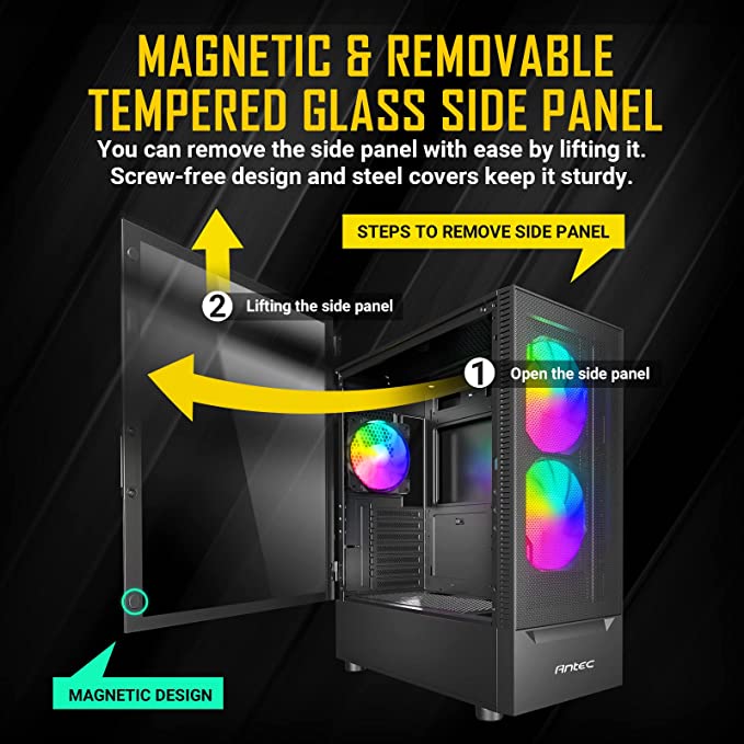 Antec NX410 Mid Tower Black Gaming Cabinet I Computer Case I ATX, Micro-ATX, ITX Motherboard Support I Tempered Glass Side Panel I 2 x 140 mm ARGB Fan in Front & 1 x 120 mm ARGB Fan in Rear Included
