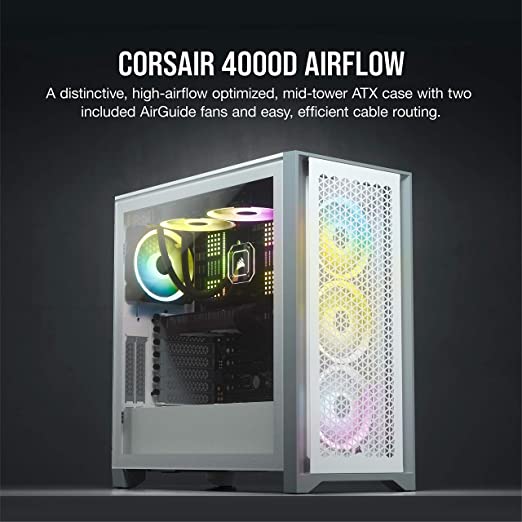 Corsair 4000D Airflow Tempered Glass Mid-Tower ATX Computer Case/ Gaming Cabinet - White - CC-9011201-WW