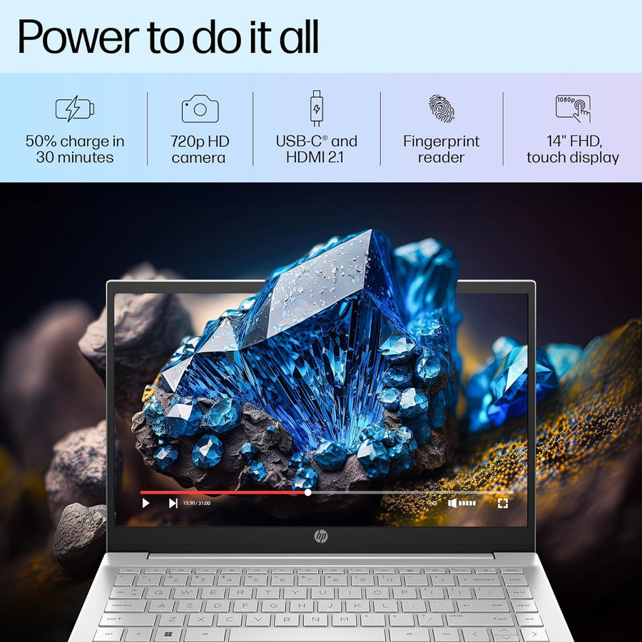 HP Pavilion 14, 12th Gen Intel Core i5-1235U,14-inch (35.6 cm),FHD,Touchscreen,16GB DDR4, 512GB SSD, Intel Iris Xᵉ Graphics, FPR, Backlit KB, Audio by B&O (Win 11, MSO 2021, Silver, 1.41 kg),dv2041TU