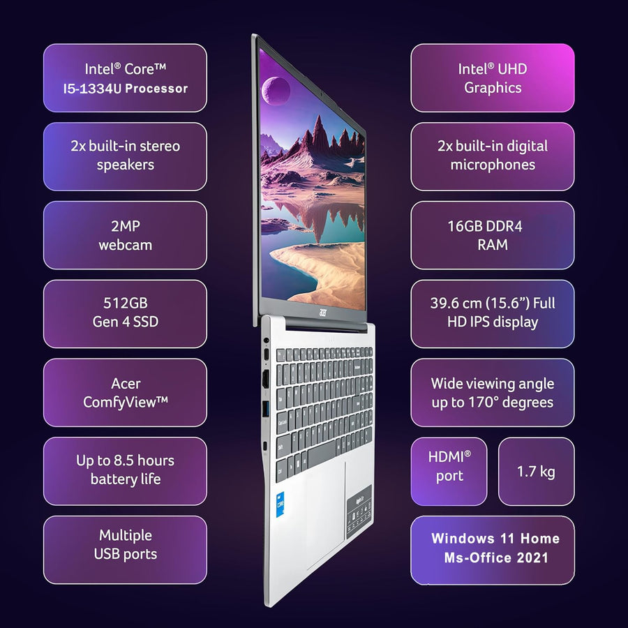 Acer Aspire 3 Intel Core i5-1334U Processor, 8GB RAM/512GB SSD, 39.62 cm(15.6") FHD LED-Backlit IPS Display, Win11Home, Pure Silver, 1.7Kg, A325-53, Thin & Light Laptop