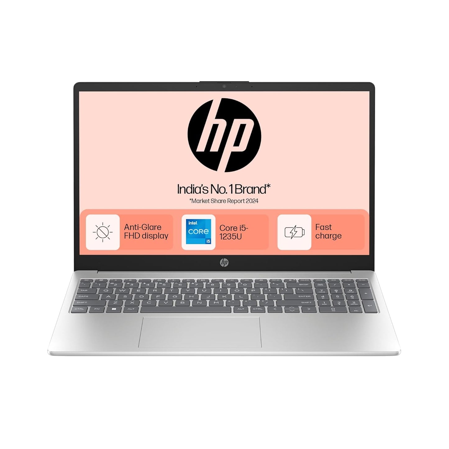 HP 15, 12th Gen Intel Core i5-1235U, 8GB DDR4, 512GB SSD, (Win11, Office21, Silver, 1.59kg) Anti-Glare, Micro-Edge, 15.6-inch(39.6cm) FHD Laptop, Intel UHD Graphics, FHD Camera, Backlit KB, fd0070tu