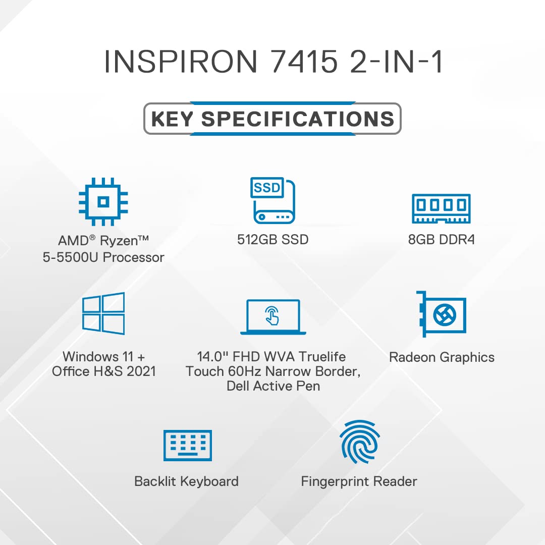 Dell New Inspiron 7415 2in1 Laptop AMD Ryzen 5-5500U 14 inches(35cm) Touch FHD 60Hz, 8GB, 512GB SSD, Windows 11 + MSO'21, Pebble Green Color, FPR + Backlit KB & Active Pen (D560624WIN9P), 1.56Kgs