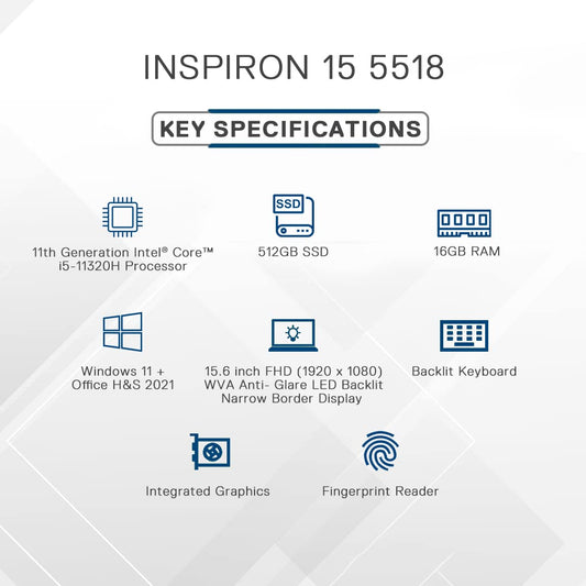 Dell Inspiron 5518 Laptop, Intel i5-11320H, 16GB, 512GB SSD, Win 11 + MS Office'21, 15.6" (39.62Cms) FHD Display, Platinum Silver, FPR + Backlit KB (D560695WIN9S, 1.64Kg)