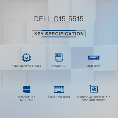 Dell G15-5515 Gaming Laptop, AMD Ryzen5-5600H, Win 11+MSO'21, 8GB GDDR4, 512Gb SSD, Nvidia RTX 3050 (4Gb FDDR6), 15.6" (39.62Cms) FHD WVA AG 250 Nits 120Hz, Orange Backlit KB (D560804WIN9W, 2.57Kgs)