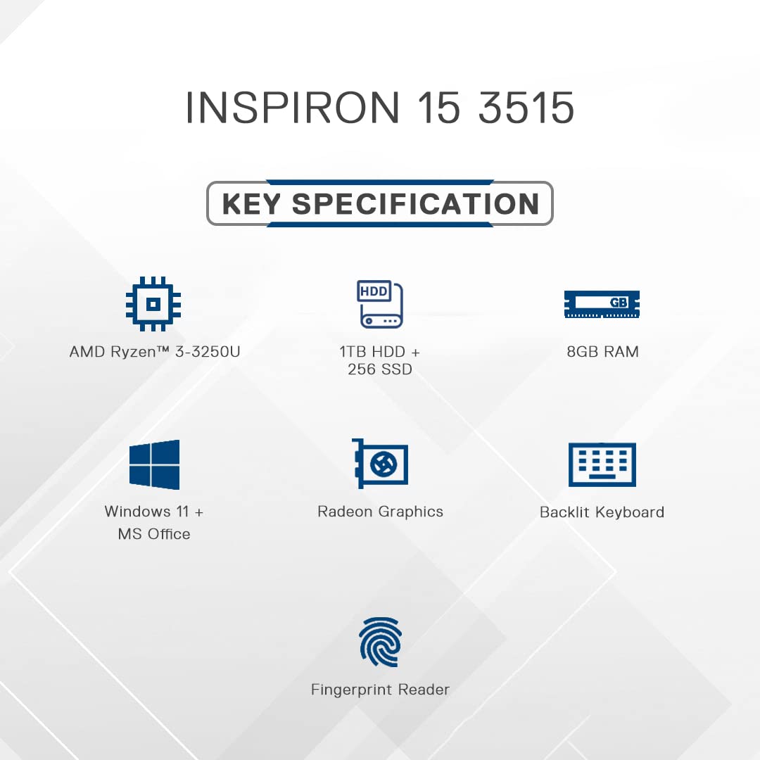 Dell New Inspiron 3515 Laptop, AMD Ryzen3-3250U, Win11 + Office'21, 8GB GDDR4, 1TB HDD + 256GB SSD,15.6" (39.62Cms) FHD AG, Carbon Black (D560798WIN9BE, 1.8Kgs
