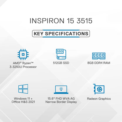Dell New Inspiron 3515 Laptop, AMD Ryzen3-3250U, Windows 11 + Office'21, 8Gb Gddr4, 512Gb Ssd, 15.6 Inches (39.62Cms) Fhd Wva Ag, Carbon Black (D560793Win9B, 1.8Kgs)