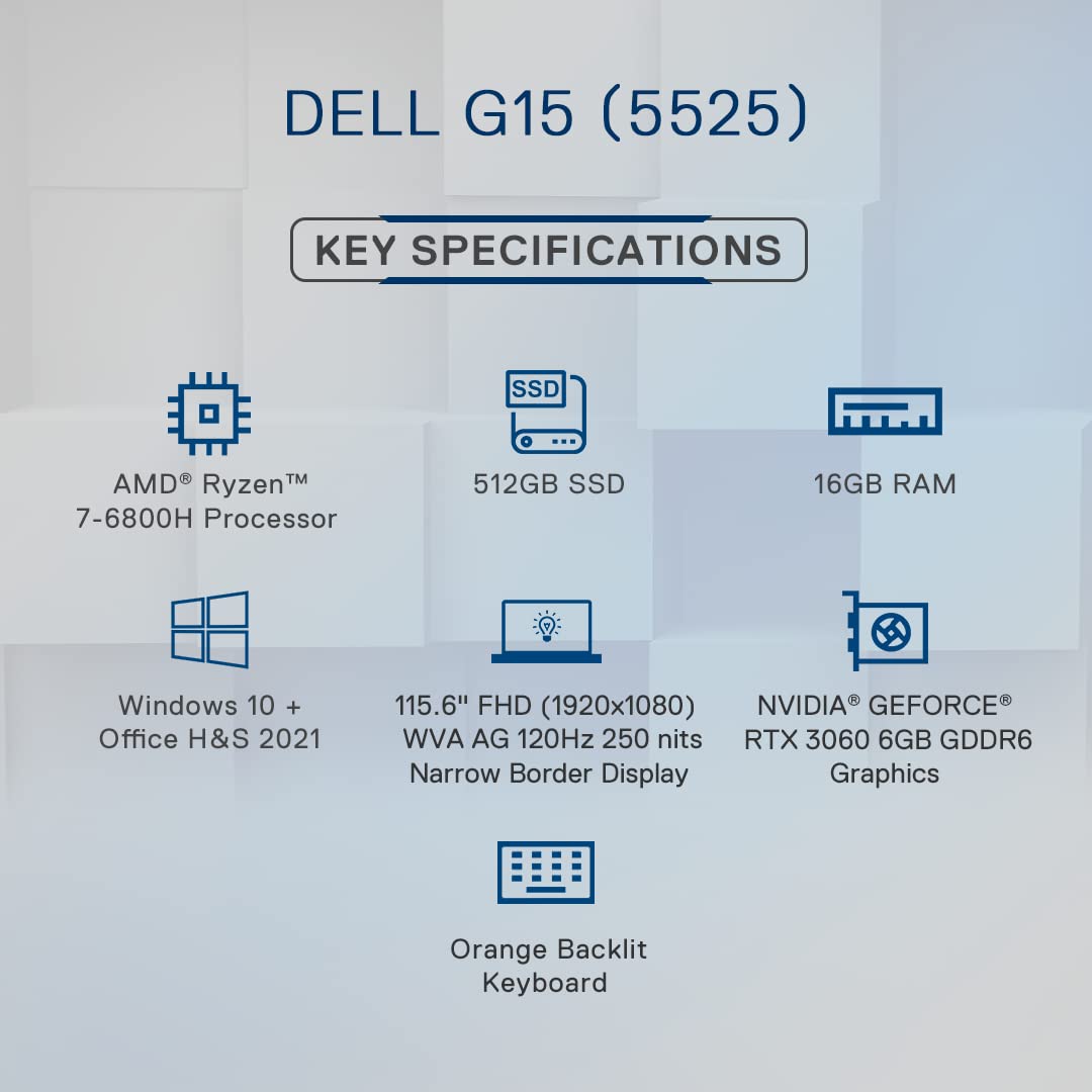 Dell Gaming G15 5525, AMD R7-6800H, 16GB, 512GB SSD, NVIDIA RTX 3060 (6GB GDDR6), 15.6" (39.62Cms) FHD WVA AG 120Hz 250 nits, Win 11 + MSO'21, Phantom Grey with speckles, 2.51Kgs (D560821WIN9B)