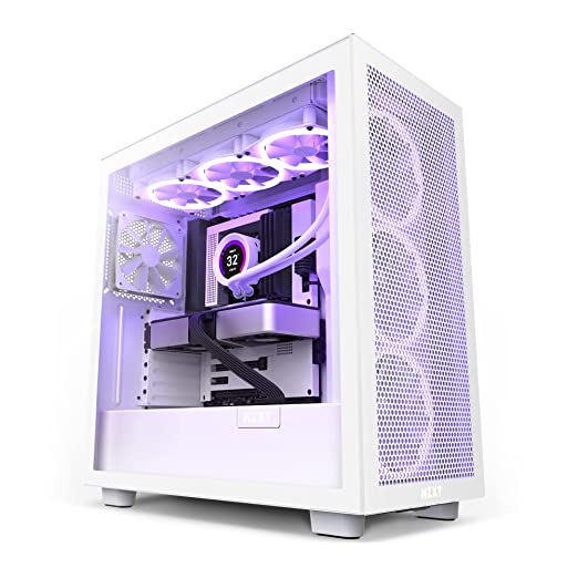 NZXT H7 Flow ATX Mid-Tower Computer Case/ Gaming Cabinet - White | Support - Mini-ITX, Micro-ATX, ATX, and EATX (Up to 272mm) | Pre-Installed 2 x 120 mm Fans - CM-H71FW-01