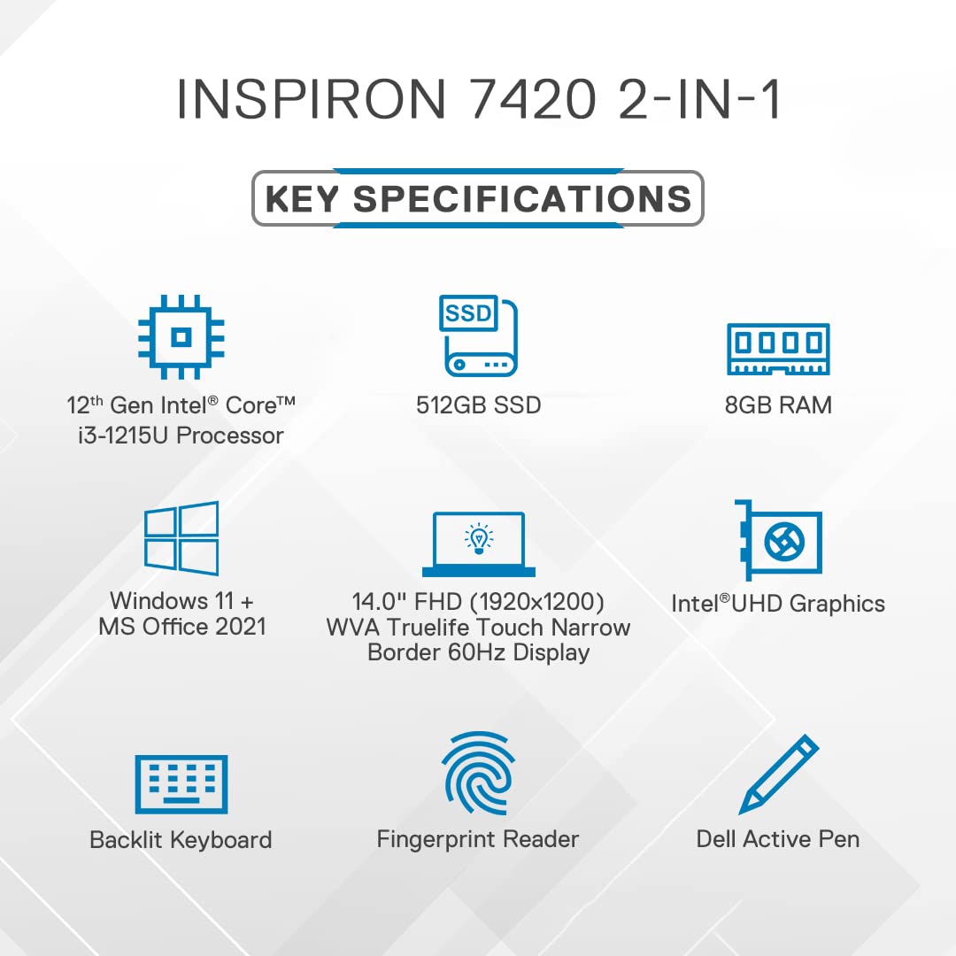 Dell Inspiron 7420 2in1 Laptop, Intel i3-1215U, 8GB, 512GB, Win 11+MSO'21, 14.0" (35.56Cms) FHD+ WVA Truelife Touch 250 nits, Platinum Silver (D560774WIN9S, 1.57Kgs)