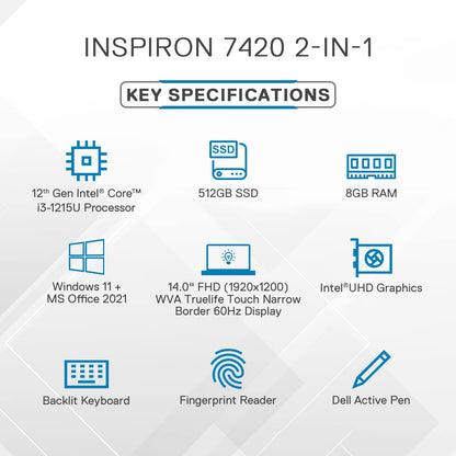 Dell Inspiron 7420 2in1 Laptop, Intel i3-1215U, 8GB, 512GB, Win 11+MSO'21, 14.0" (35.56Cms) FHD+ WVA Truelife Touch 250 nits, Platinum Silver (D560774WIN9S, 1.57Kgs)