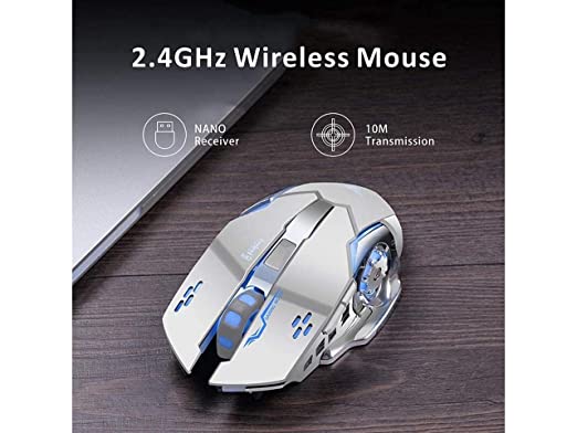 COOLCOLD Q13 Rechargeable Gaming Mouse USB Wireless, 2.4Ghz RGB Gaming Mice, Upto 2400 DPI LED Backlight 6 Button, 4 Color Breathing Lights, Wireless Distance-10m ( White )