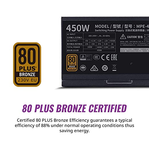 Cooler Master MWE 450 Bronze V2 230v, 80 Plus Bronze Certified, Non-Modular Power Supply (Black)
