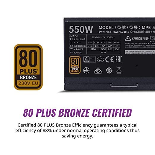 Cooler Master MWE 550 Bronze V2 230v, 80 Plus Bronze Certified, Non-Modular Power Supply – Black