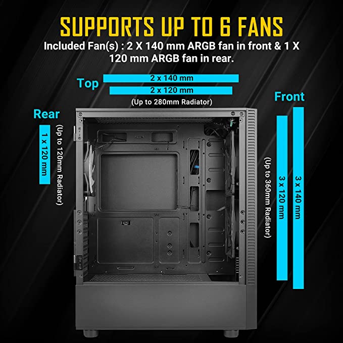 Antec NX410 Mid Tower Black Gaming Cabinet I Computer Case I ATX, Micro-ATX, ITX Motherboard Support I Tempered Glass Side Panel I 2 x 140 mm ARGB Fan in Front & 1 x 120 mm ARGB Fan in Rear Included