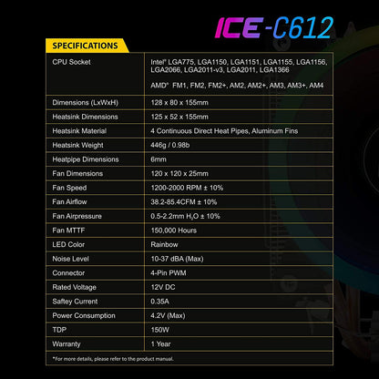 Ant Esports ICE-C612 with RGB CPU Cooler/Fan Support Intel LGA775, LGA1200, LGA1150, LGA1151, LGA1155, LGA1156, LGA2066, LGA2011-v3, LGA2011, LGA1366 and AMD FM1, FM2, FM2+, AM2, AM2+, AM3, AM3+, AM4