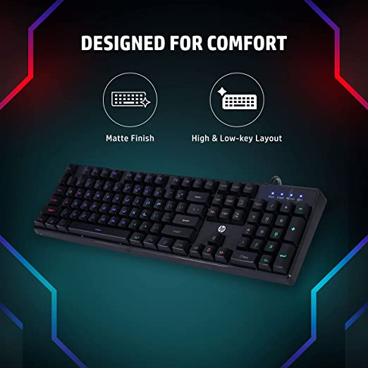 HP K300 Backlit Membrane Wired Gaming Keyboard with Mixed Color Lighting, 4 LED Indicators, Matte Finish Double Injection Key Caps and Windows Lock Key / 3 Years Warranty(4QM95AA)