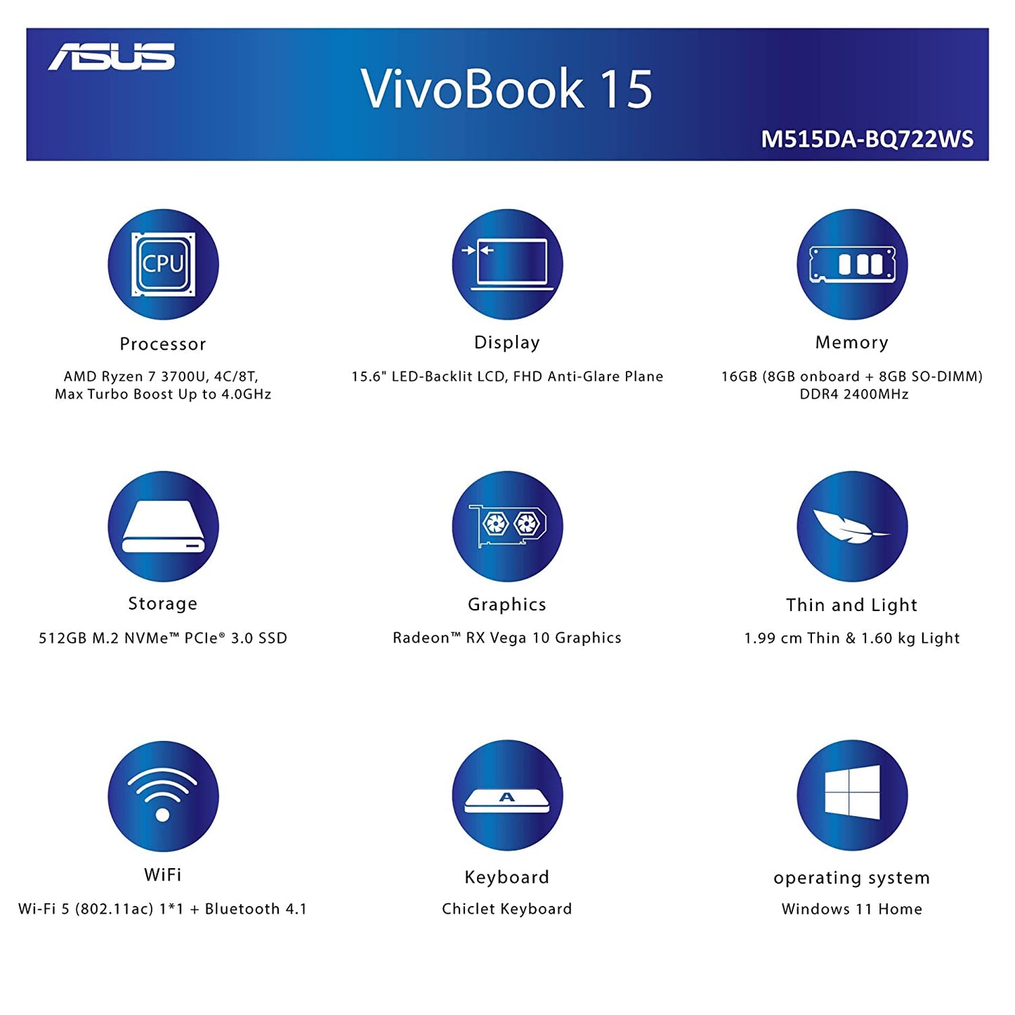 ASUS Vivobook 15, 15.6-inch (39.62 cms) FHD, AMD Ryzen 7 3700U, Thin and Light Laptop (16GB/512GB SSD/Integrated Graphics/Windows 11/Office 2021/Silver/1.8 kg), M515DA-BQ722WS
