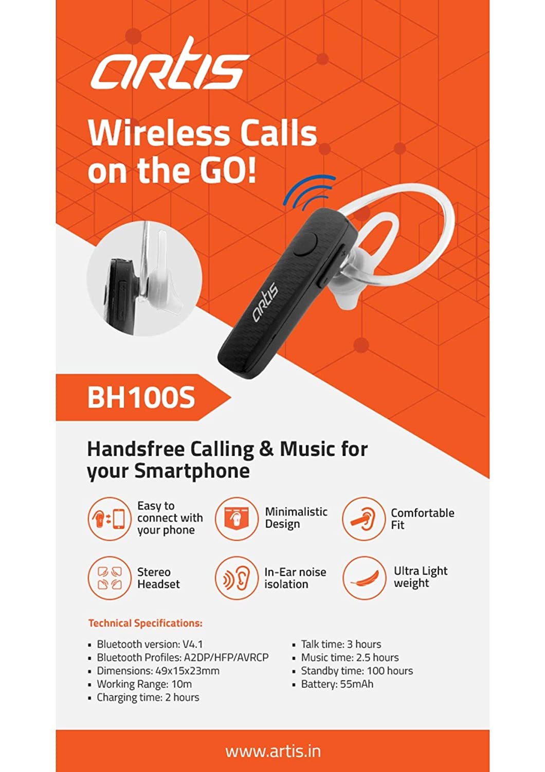 artis BH100S Bluetooth stereo headset