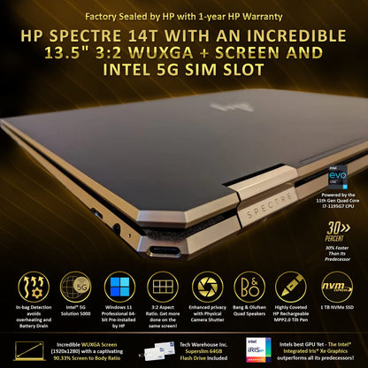 HP Spectre x360 14T 13.5" WUXGA+ 1920x1280 Touchscreen, i7-1165G7, 1 TB NVMe SSD, 16 GB RAM, Windows 11 Pro, B&O Audio, Nightfall black, Wi-Fi 6, HP Pen, NOT Widescreen, NO CD/DVD Drive, NO 64 GB pen drive