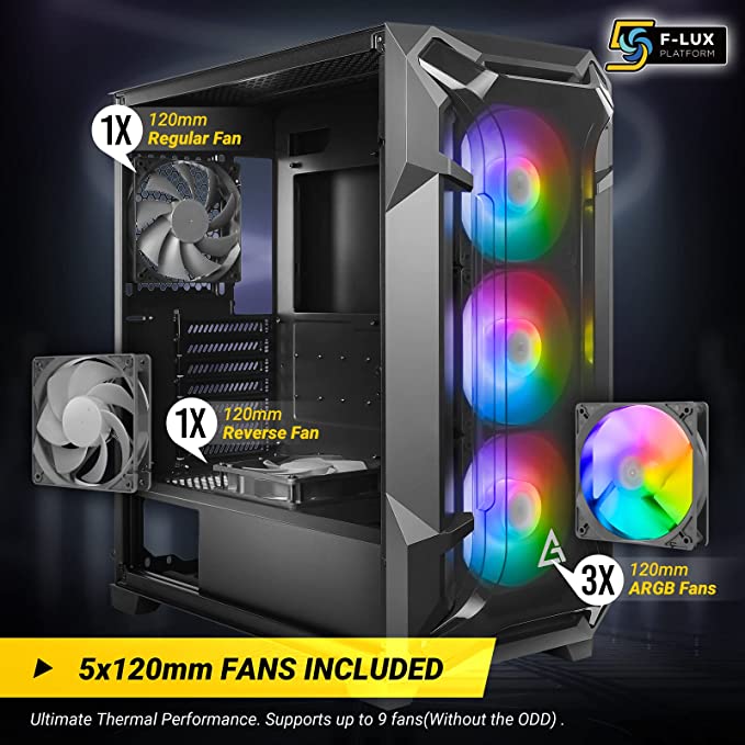 Antec DF600 Flux Mid-Tower ATX Computer Cabinet/Gaming Case | Built in Fan Controller | 4 mm Tempered Glass Side Panel with 3 x 120mm ARGB Fans + 2 x 120 mm Black Fans