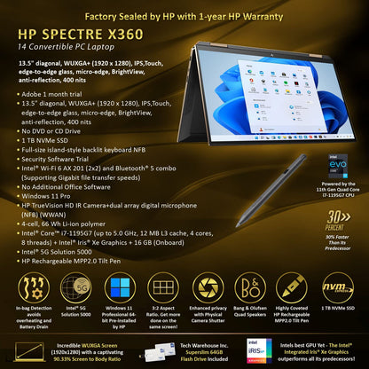 HP Spectre x360 14T 13.5" WUXGA+ 1920x1280 Touchscreen, i7-1165G7, 1 TB NVMe SSD, 16 GB RAM, Windows 11 Pro, B&O Audio, Nightfall black, Wi-Fi 6, HP Pen, NOT Widescreen, NO CD/DVD Drive, NO 64 GB pen drive