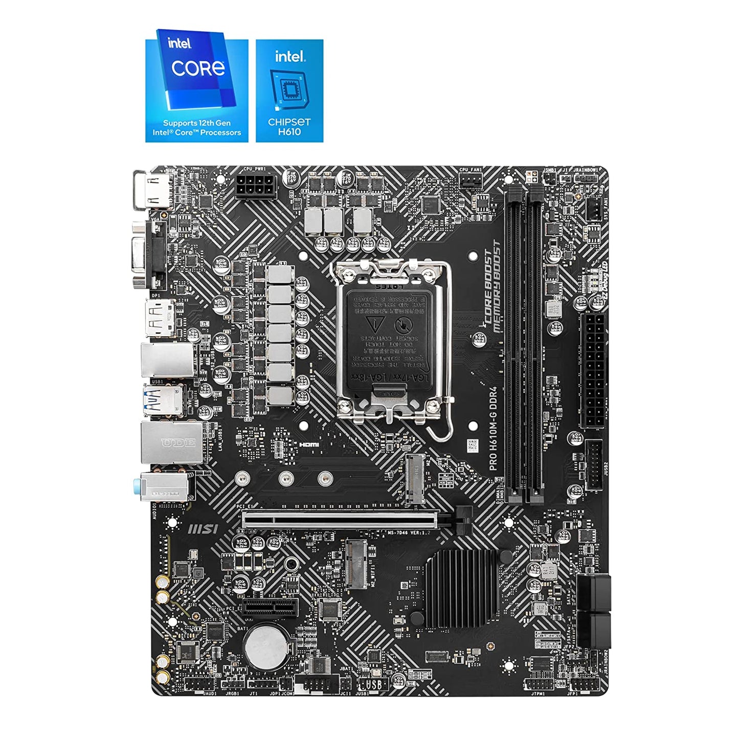 MSI PRO H610M-G DDR4 Motherboard - Supports Intel 12th Gen (LGA 1700), Micro-ATX, 2 DIMMs, 1x PCIe 4.0 x16, 1x M.2 Gen3, USB 3.2 Gen1, 1G LAN, HDMI 2.1, DP 1.4, VGA